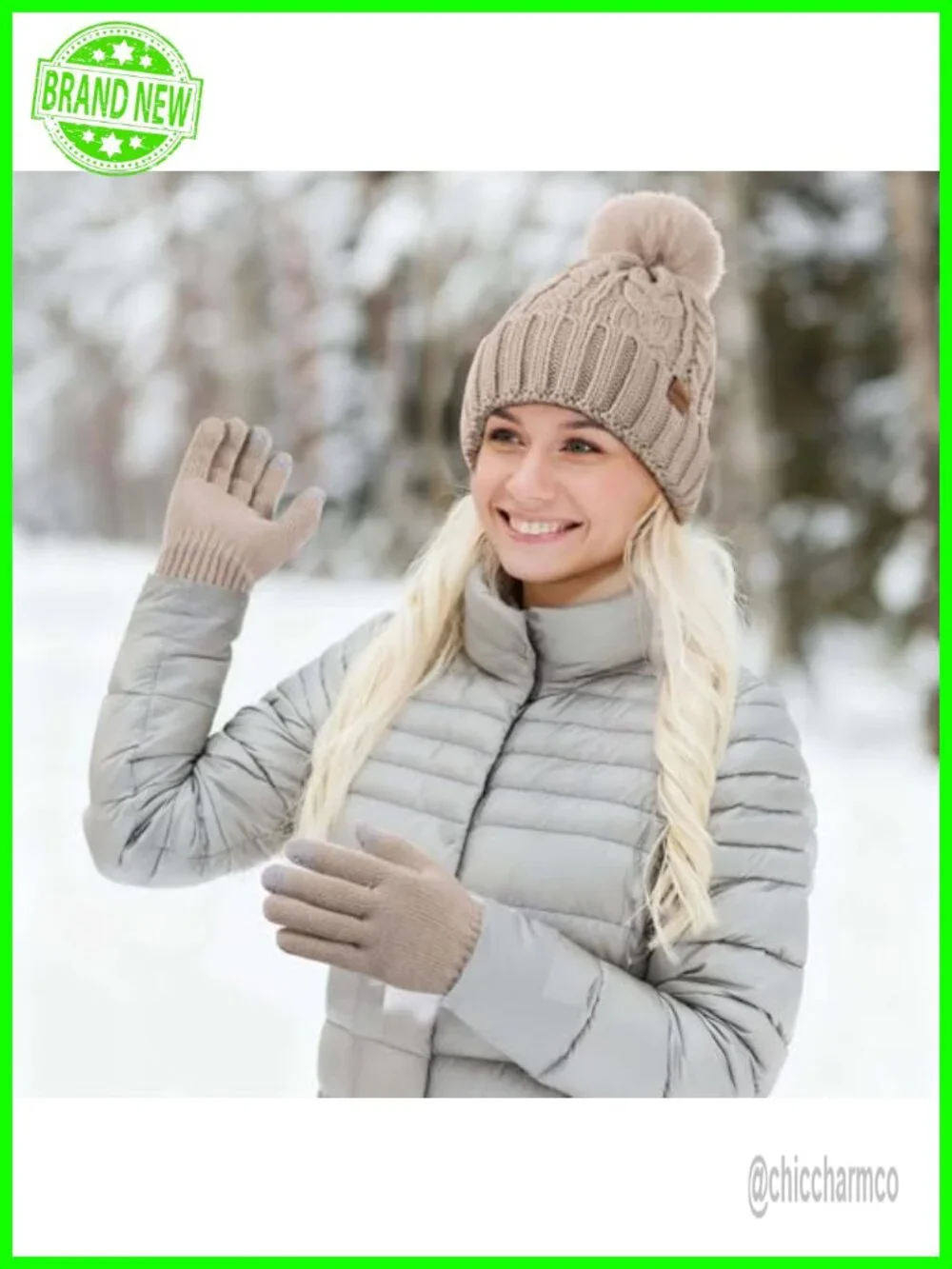 Wool Blend Knit Hat and Touchscreen Gloves Set with Pom Pom